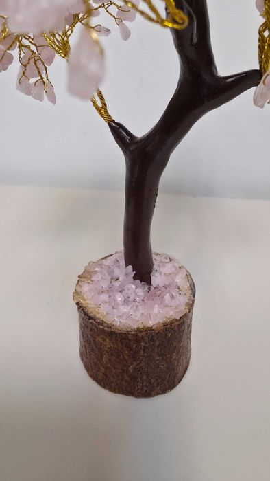 Copăcel decorativ cu cuarț roz Gemstone Tree bază lemn Cadou