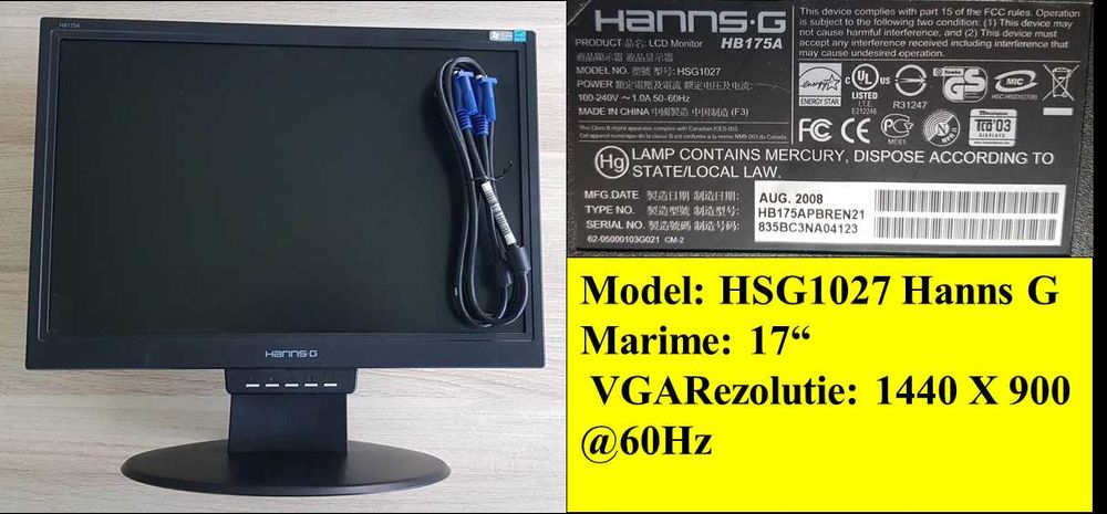 Monitor HSG1027 Hanns G 17" folosit Perfect Functional! 2buc=100RON