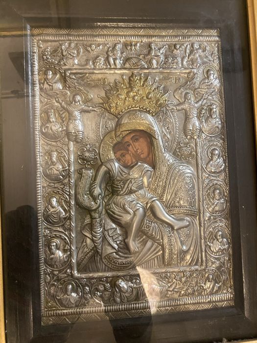 Icoana mare veche ortodoxa greceasca metal Sf. Fecioara Maria