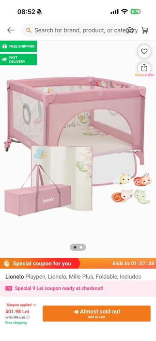 Tarc de joaca Lionelo Mille Plus Roz, pliabil, include saltea, 4 jucarii cu velcro, manere textile 100x100x77 cm