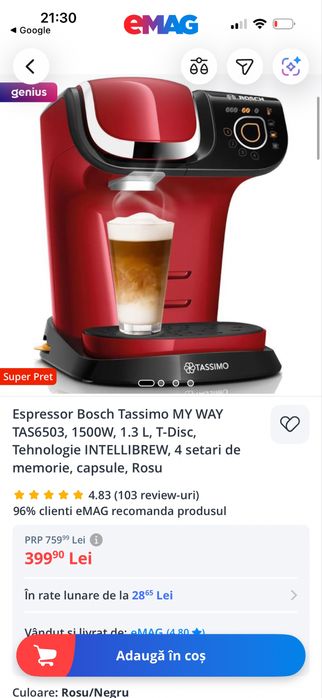 Espressor Bosch Tassimo MY WAY TAS6503 – Roșu