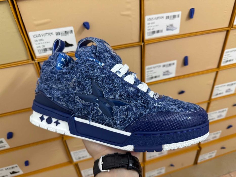 Louis Vuitton LV Trainer Maxi Sneaker Dark Blue Distressed Denim.