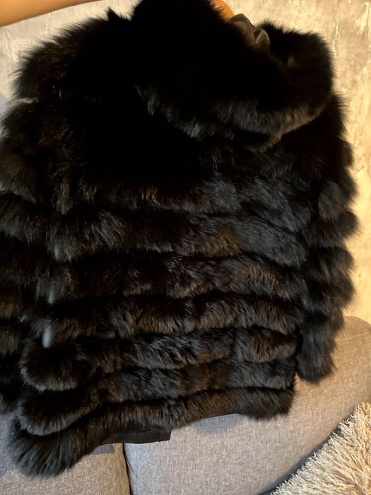 Дамско палто с естествен косъм от лисица – черно, 6 в 1, с качулка