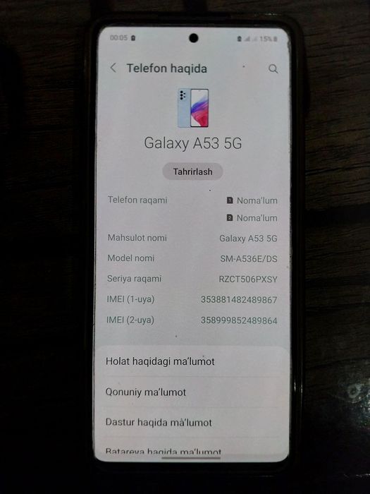 Samsung a 53 5G ishlatilgan birinchi qo'l rangi Awesome blue