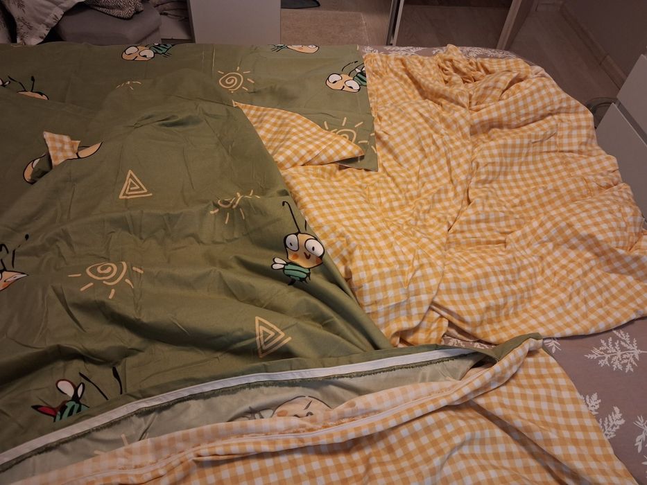 Комплект спално бельо в зелено и жълто с пчели, 100% памук