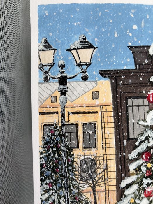 “Sub luminile iernii” tablou in gouache 15x20