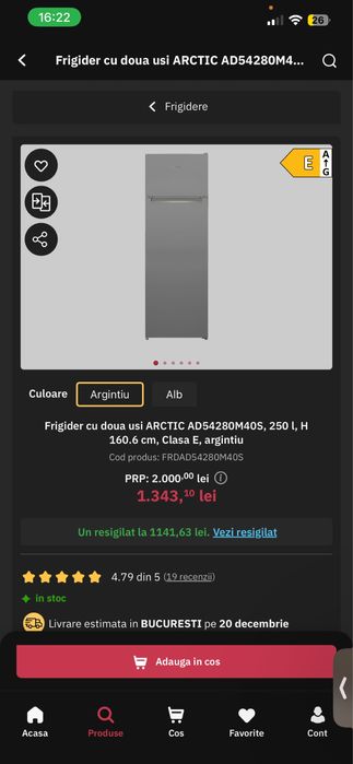 Vand frigider Arctic 250 litri, 160 cm aproape nou