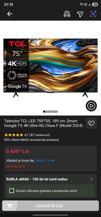 Televizor 4k 189cm 75"+cutie+garanție