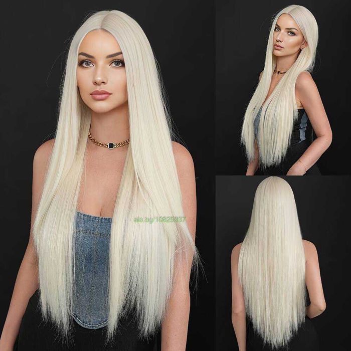 Перука 80 см - платинено светло руса, дълга права, синтетична, с път
