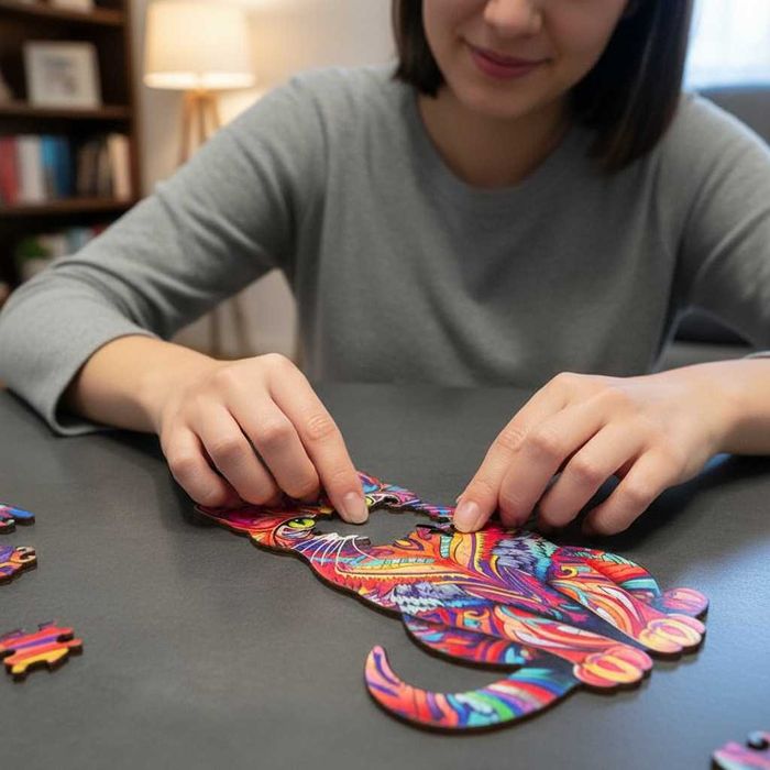 Puzzle din lemn pisica 130 piese colorate pentru adulti copii 38x24cm