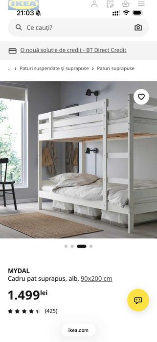 Pat etajat MYDAL alb IKEA pentru copii (complet, demontat) + 2 saltele IKEA 90 x 200 cm
