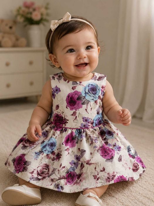 Rochiță elegantă pentru fetițe cu imprimeu floral mov-albastru
