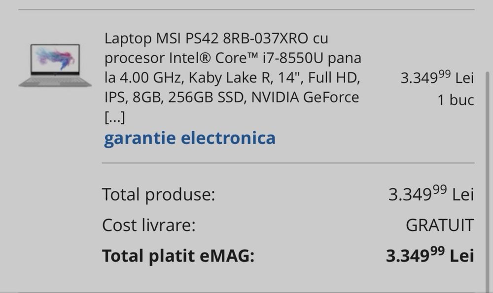 Laptop MSI Prestige Intel i7, 8GB DDR4, 256 SSD, nVidia MX 2GB, Win 11