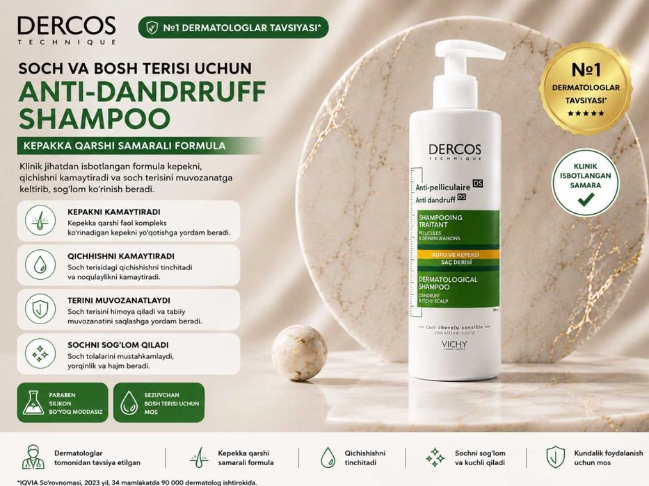 Vichy Anti-Dandruff shampun,sezgir teri uchun, qichishishga qarshi