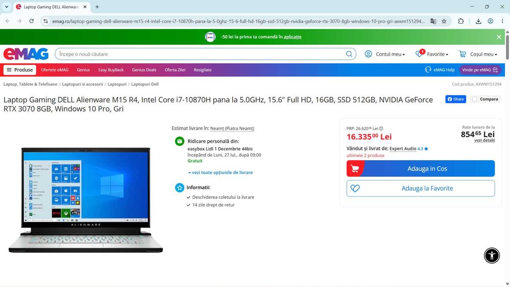 Laptop Gaming Alienware,  Intel Core i7-10870H,, ram 32 GB, NVIDIA GeForce RTX 3070 8GB, 300hz