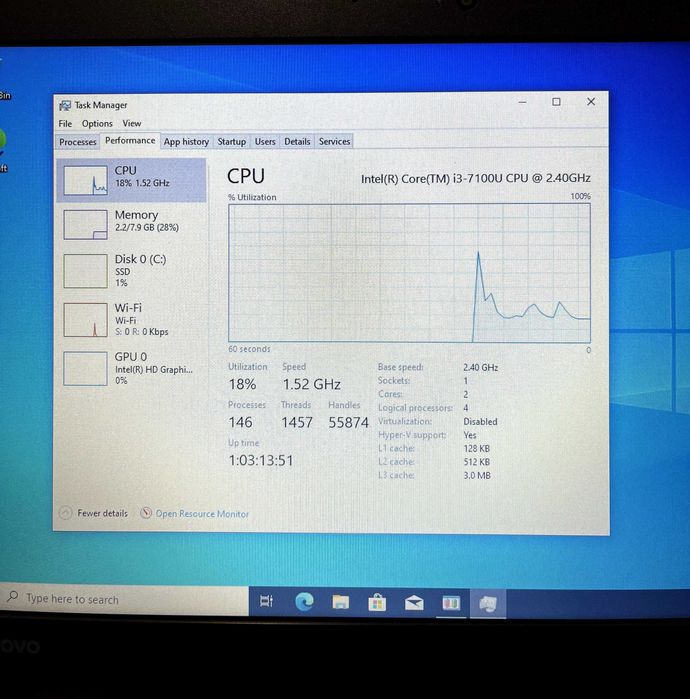 Лаптоп Lenovo ThinkPad 13, Intel Core i3 7100U, 8GB ram