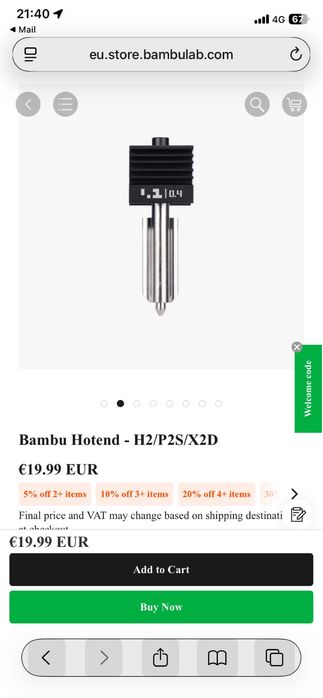 Bambu lab p2s hardened 0.4 hotend nozzle