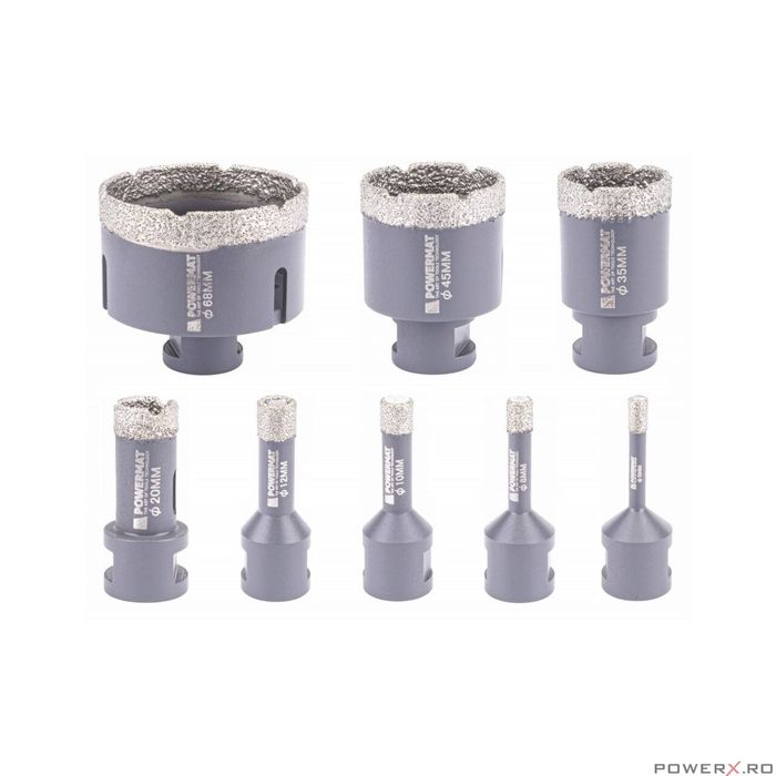 Set 9 piese freze diamantate si adaptor, M14/HEX, Powermat