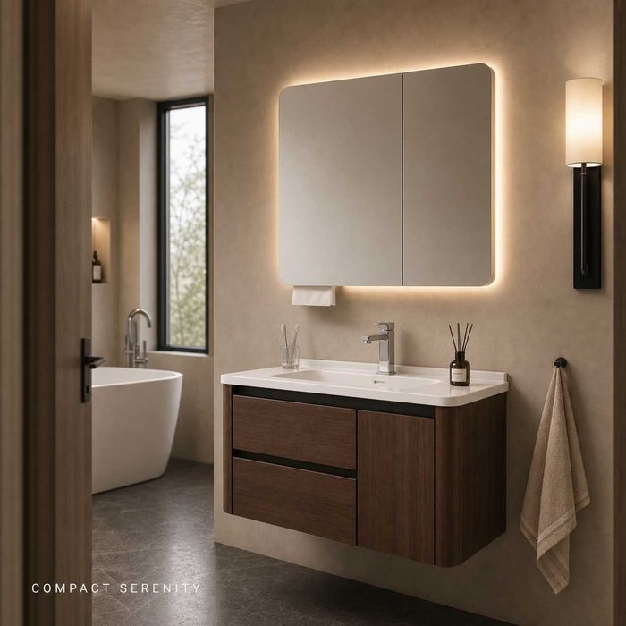 Луксозен шкаф за баня от водоустойчиво инженерно дърво 2801 (Walnut Balance) със заоблен дизайн и смарт огледало