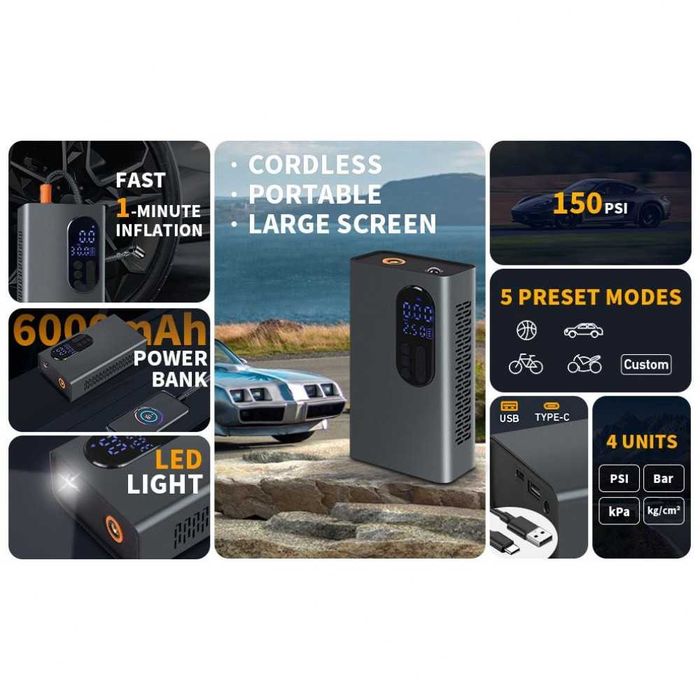 НОВ МОДЕЛ Мощен Безжичен преносим компресор 150 PSI, 6000mAh батерия