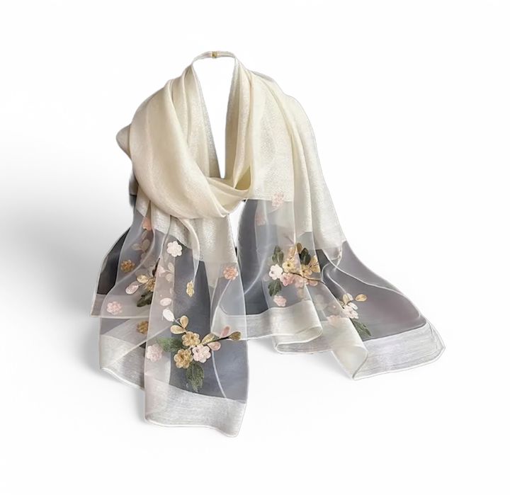 ПОСЛЕДНИ! Луксозен шифонен шал с флорална бродерия - различни цветове
