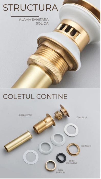 Ventil de scurgere auriu lavoar, sifon chiuveta