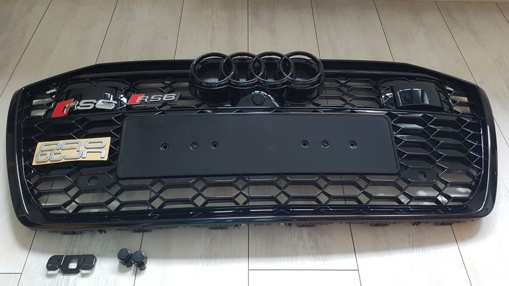 Grila-Fagure-RS6-Look-Audi-A6-C8-2018-2019-2020-2021-2022-2023-2024-Neagra-Lucios-Logo-Sigla-Camera-Frontala-RadarACC-Poze-Reale-Calitate-Premium-Noua