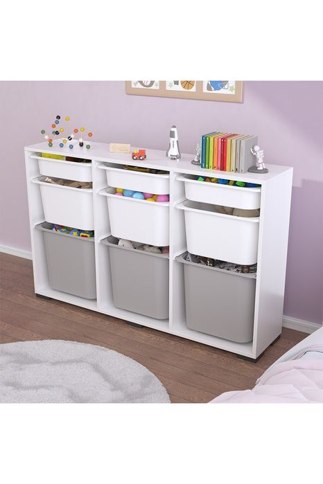 Мултифункционален шкаф за съхранение, Етажерка за играчки, с 9 кошници