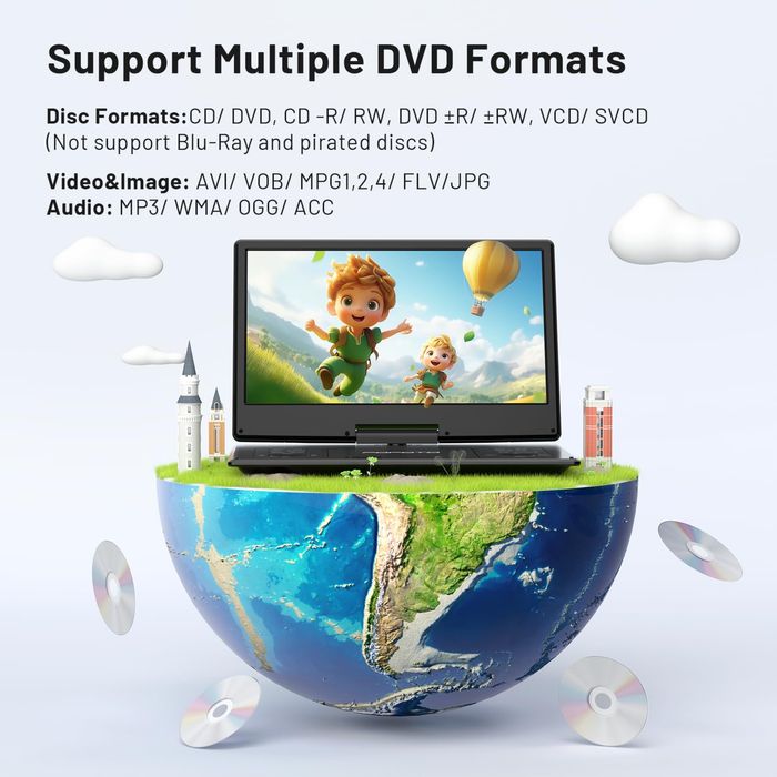 POFOTO 15.7" преносим DVD плейър/14.1" HD въртящ се екран/4000mAh батерия/2 колони/USB/SD/TV/множество видео формати(не поддържа Blu-Ray) черен