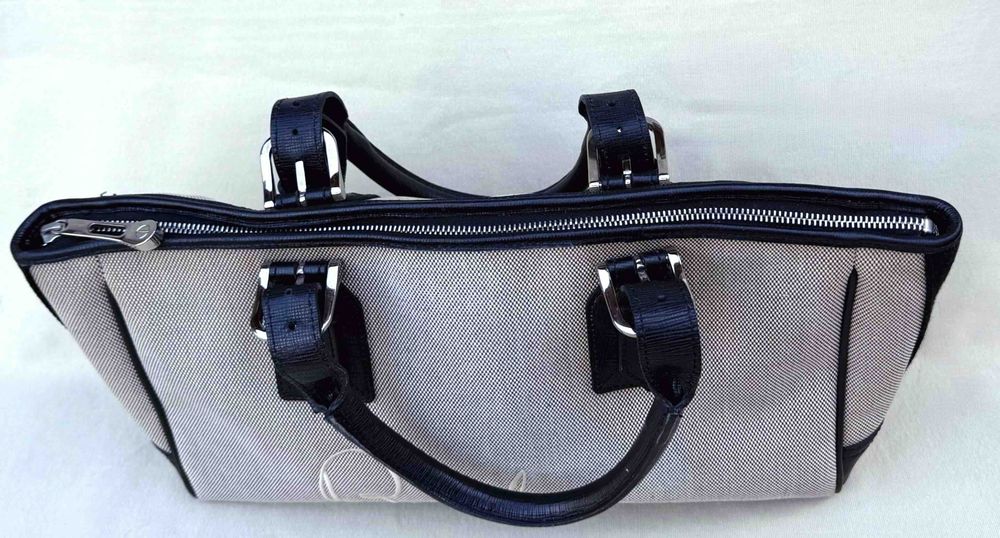 BURBERRY Superba Geanta Umar Canvas Piele Bej Gri Original