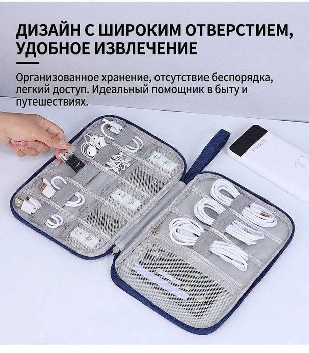 Стильный и практичный органайзер из ткани для кабеля и аксессуаров.