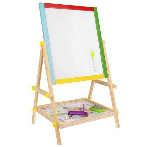 Магнитна дървена дъска на стойка, 2 лица, маркер, гъба и тебешири