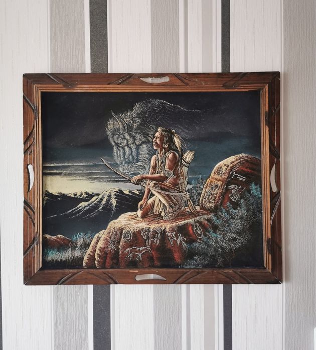 Антикварна картина летен пейзаж коне кобила жребче маслени бои платно