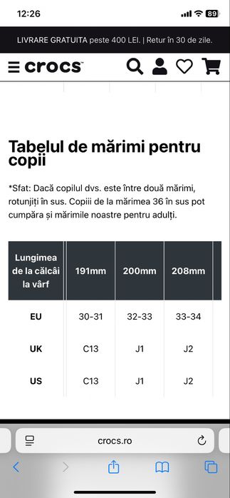 Papuci Crocs pentru copii, marimea J1 (32/33)