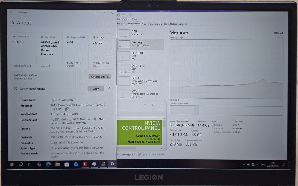 15.6' 120Hz IPS Lenovo Legion Ryzen 5 4600H/GTX 1650 4GB/16GB/512GB SSD+500GB