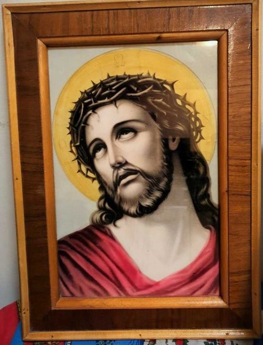 Icoană veche pictată manual pe lemn–piesă vintage autentică, cu suflet