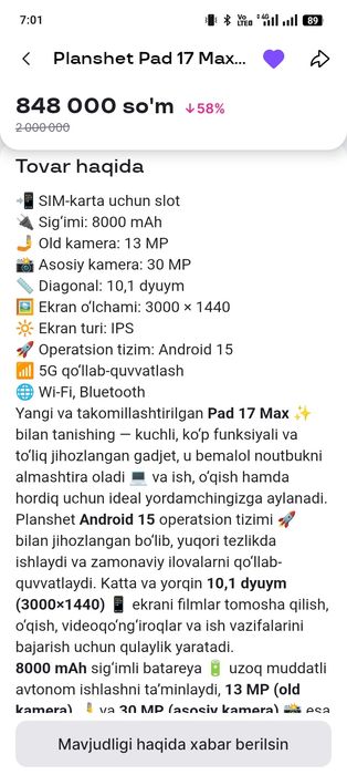 Planshet sotiladi