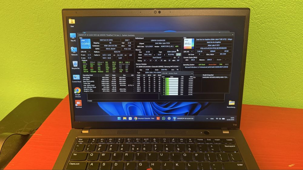 Thinkpad T14 Gen 3, core I5-1245U, 16 GB RAM, 512 GB NVME Samsung