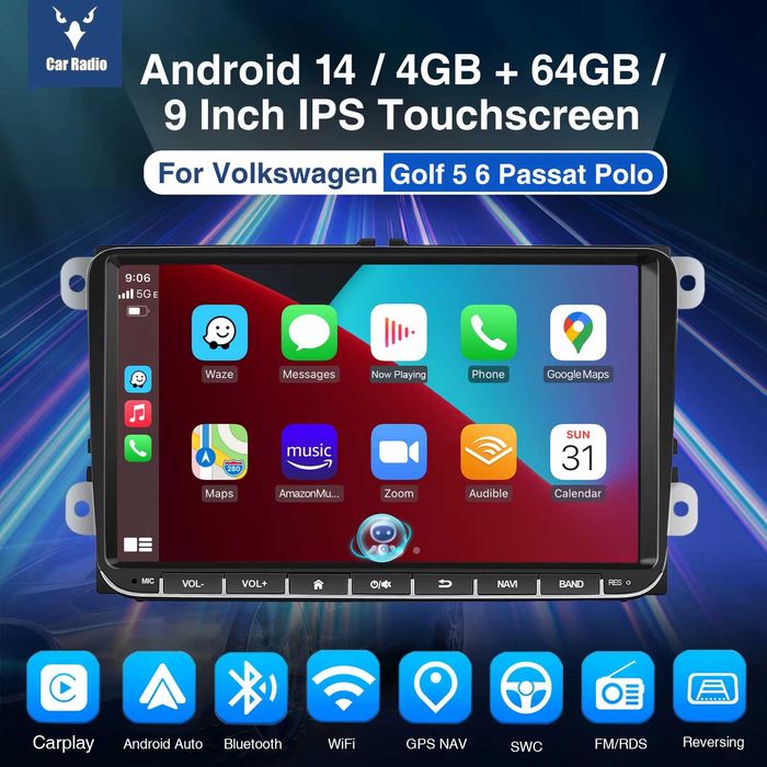 Navigatie Android 4GB+64GB VW GOLF 5 6 PASSAT B6 B7 CC SEAT LEON SKODA