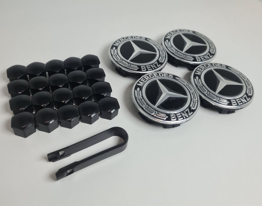 Pachet-Set-Capace-Jante-Sigla-Logo-Emblema-Stema-Mercedes-75mm+Capace-Prezoane-17mm+Negre-Lauri-Mercedes-A-C-E-GLC-GLE-CLS