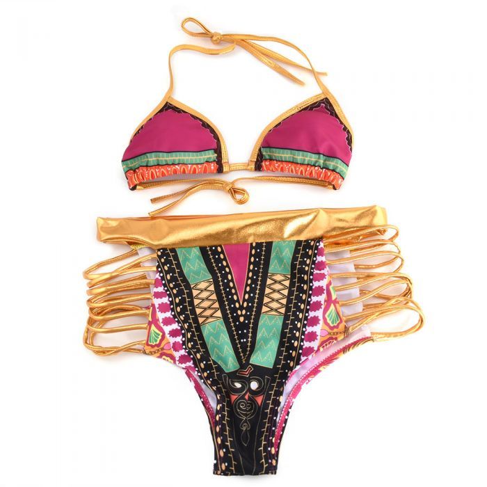 Costum de baie auriu cu talia inalta imprimeu boho