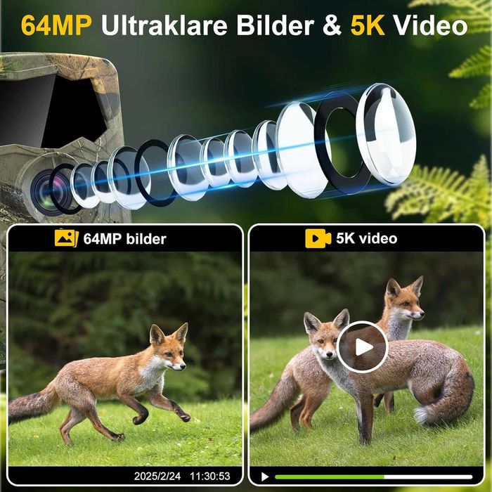 Lutranstra 5K камера за дива природа WiFi, 64MP Full HD камера за дива природа с приложение