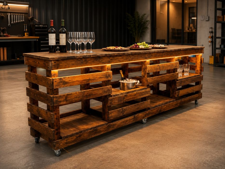 Bar mobil rustic din lemn, 3 m, iluminare LED și roți