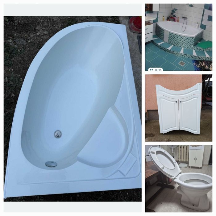 Vând set sanitare baie, 3 piese – cadă pe colț + WC + mască chiuvetă