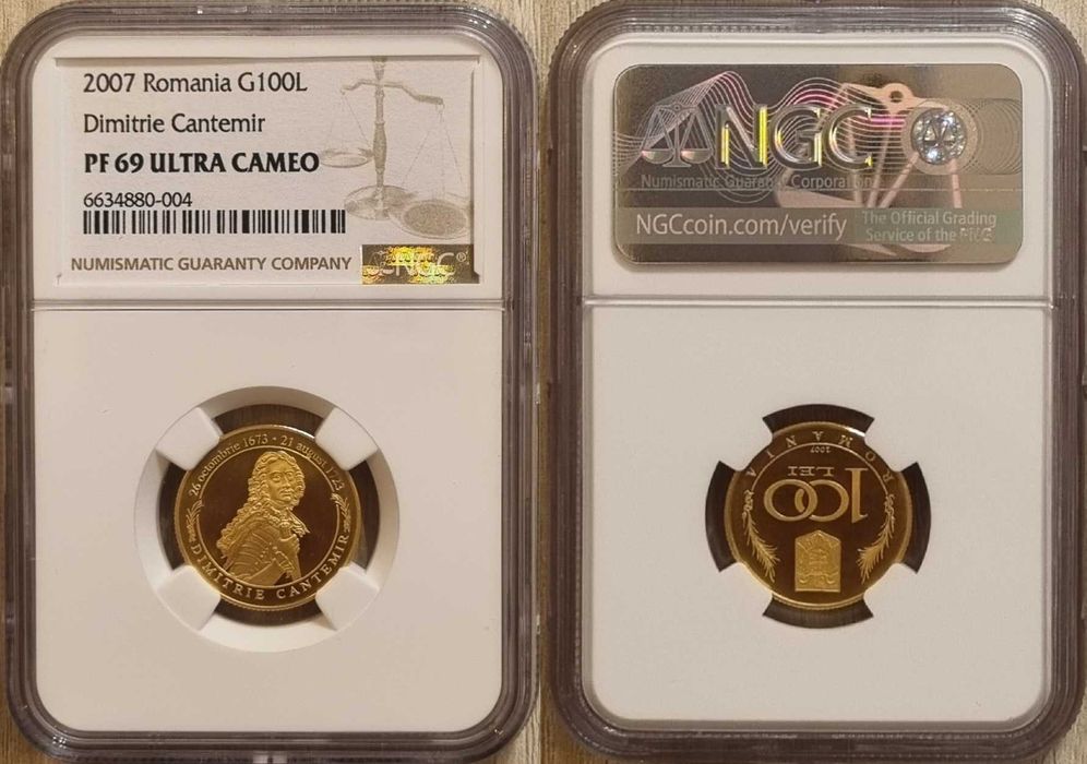Moneda BNR 100 lei aur Dimitrie Cantemir gradata NGC PF 69 UC