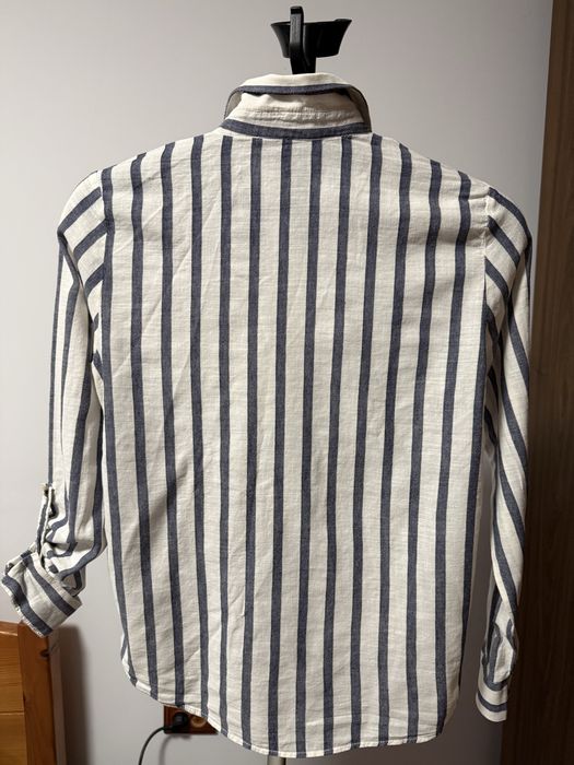 Cămașă damă DeFacto S alb crem cu dungi bleumarin elegant casual