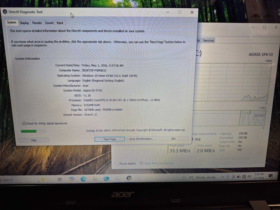 Hope Amanet P10/Laptop Acer Aspire E5