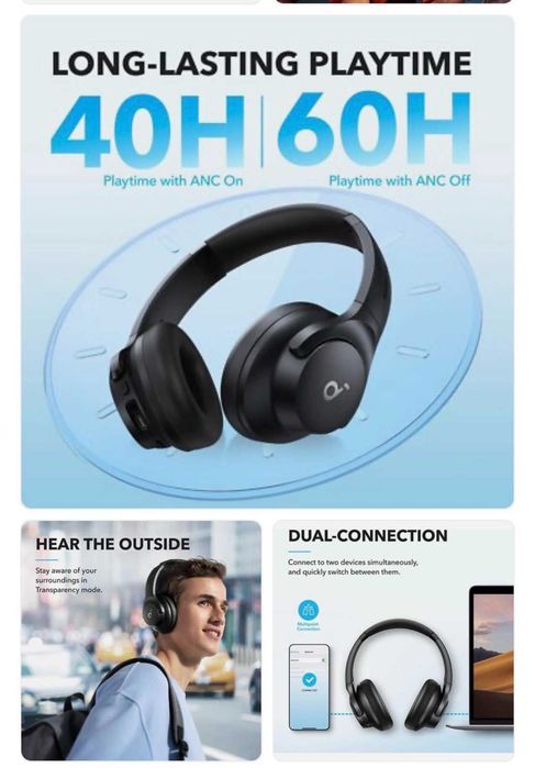 Слушалки Soundcore by Anker Q20i с активно шумопотискане, мощен бас