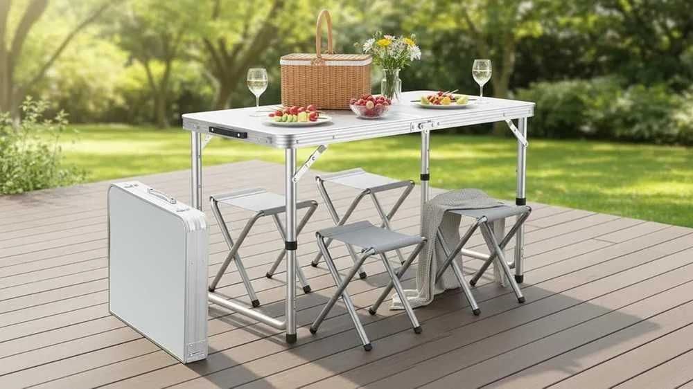 Сгъваема къмпинг маса с 4 стола и отвор за чадър - Алуминиева