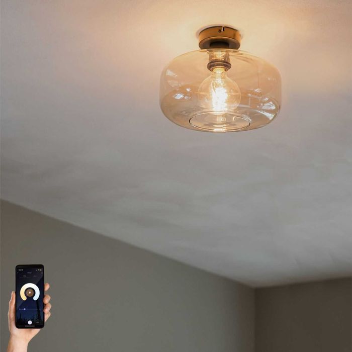 Таванна лампа в стил Арт Деко черна с кехлибарено стъкло